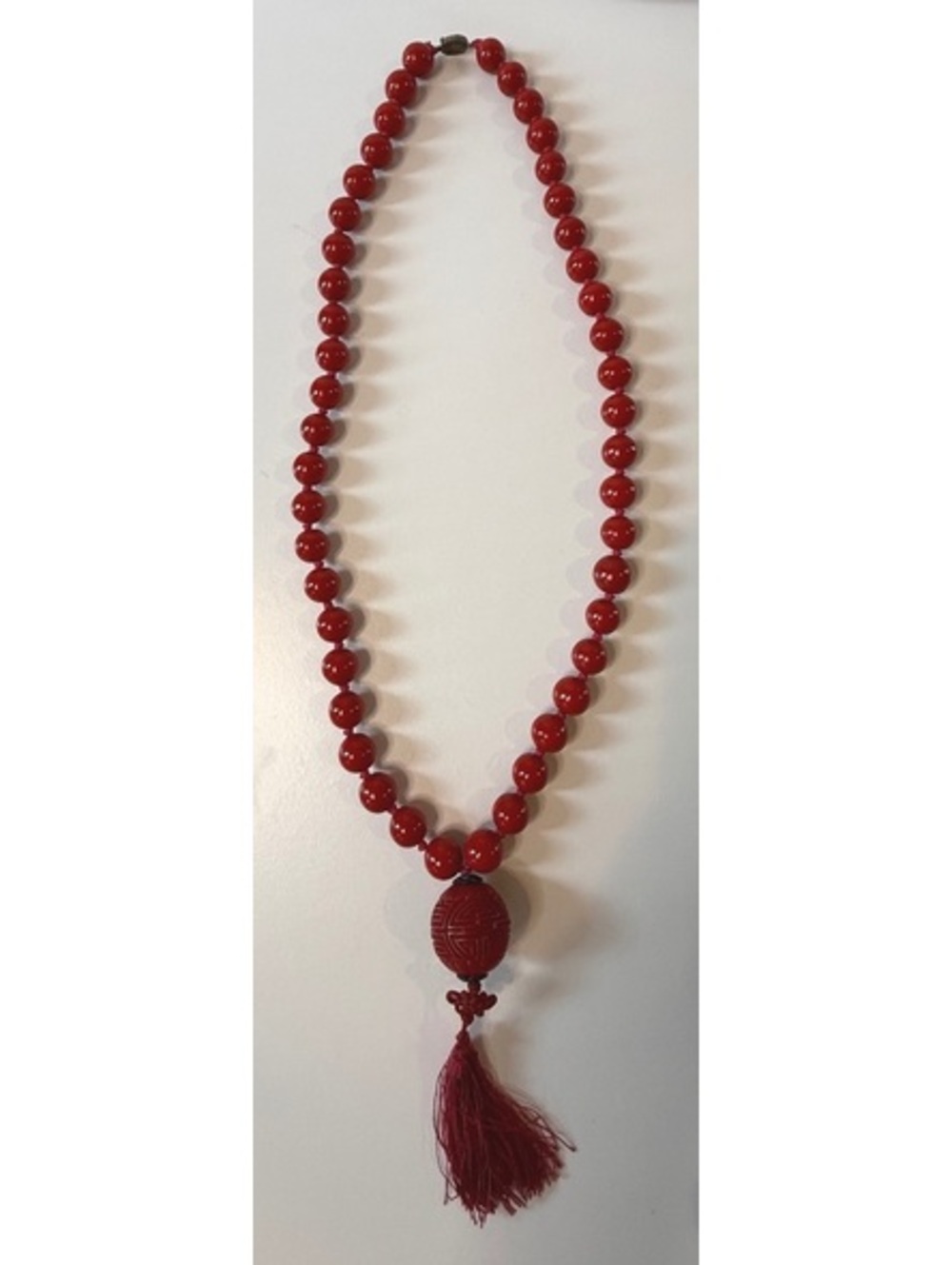 Vintage Chinese Red Bead Cinnabar Shou Necklace SILVER Clasp Tassel 30”